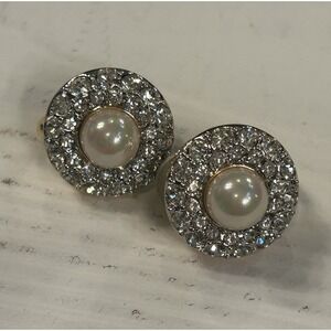 Nina Ricci Earrings Swarovski Crystal Rhinestone Pearl Round Clip Gold Plate VTG